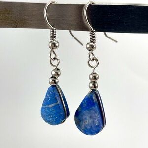 Lapis Lazuli Stone Silver Tone Hook Setting Earrings Dangle Minimalist Boho
